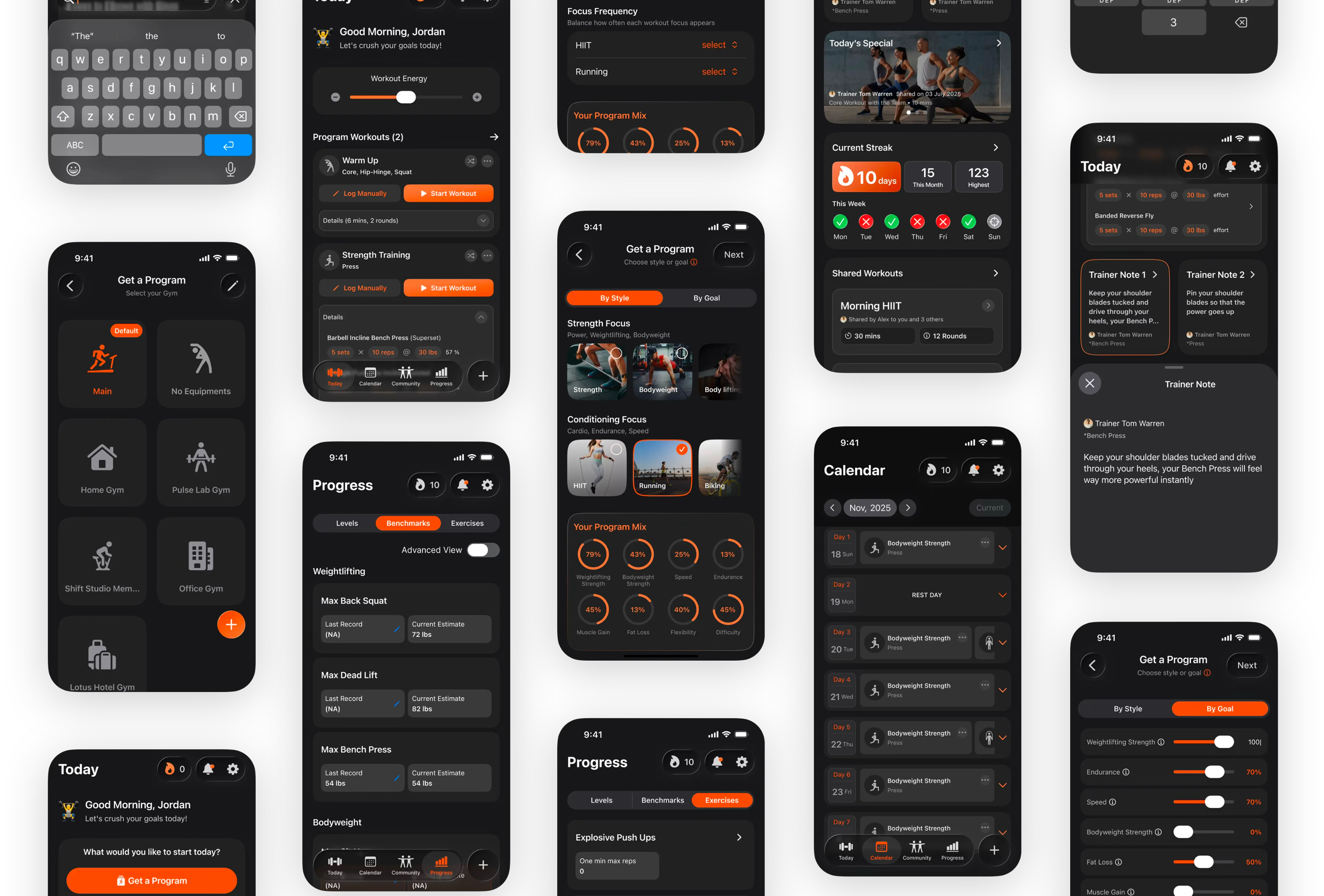 Ardor fitness app dark mode UI collage
